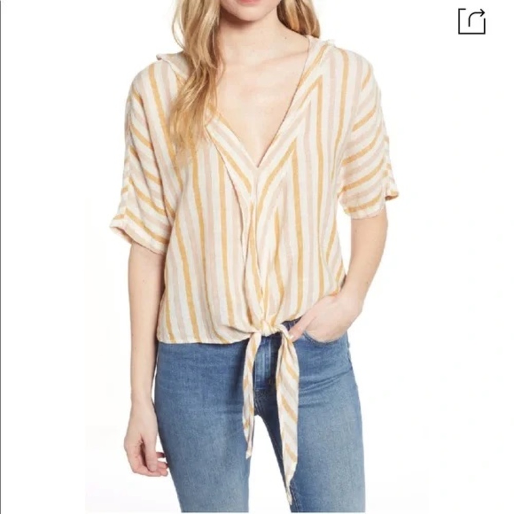 Rails Cream and Tan Striped Tie-Front linen‎ Blouse v-neck size S - Picture 3 of 11